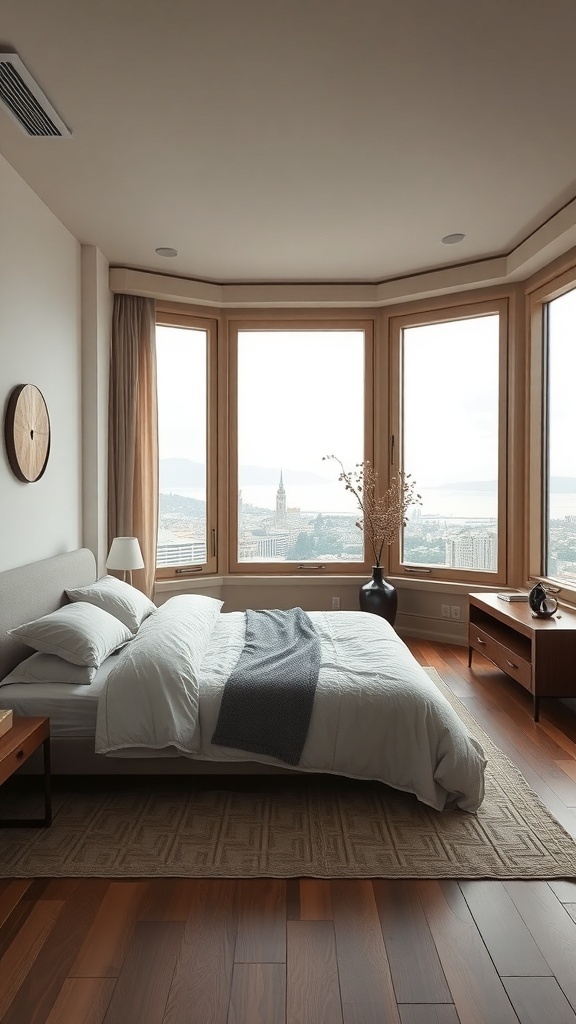 Luxuriöses, Zen-inspiriertes Schlafzimmer mit großen Fenstern und minimalistischer Einrichtung