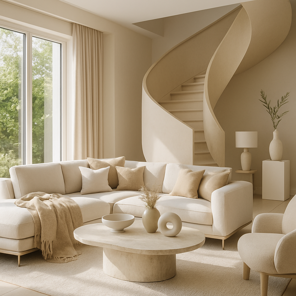 Modernes Wohnzimmer mit neutralen Farben, geschwungener Treppe und einladendem Sofa