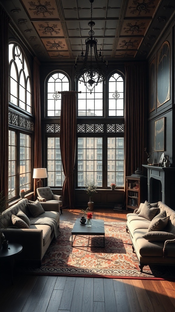 Luxuriöses Wohnzimmer im Western-Gotisch-Stil mit hohen Fenstern und eleganten Möbeln