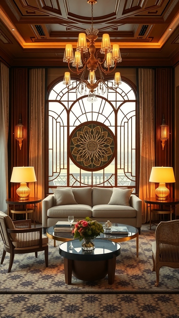 Ein elegantes Art Deco Wohnzimmer mit warmem Licht, stilvollen Möbeln und einer harmonischen Anordnung.