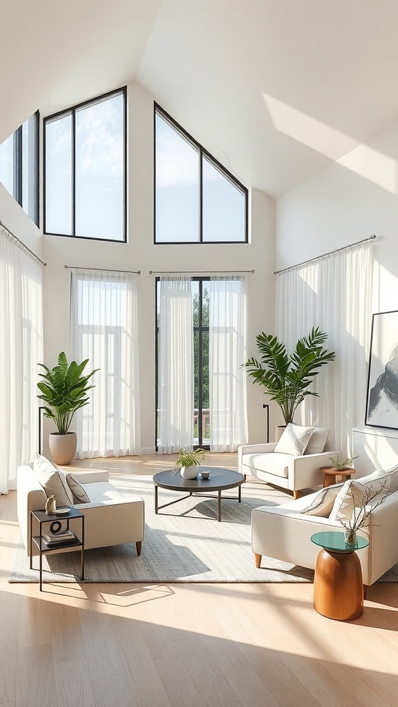 Minimalistische Fensterdekoration mit Rollos und einer Pflanze in einem modernen Raum