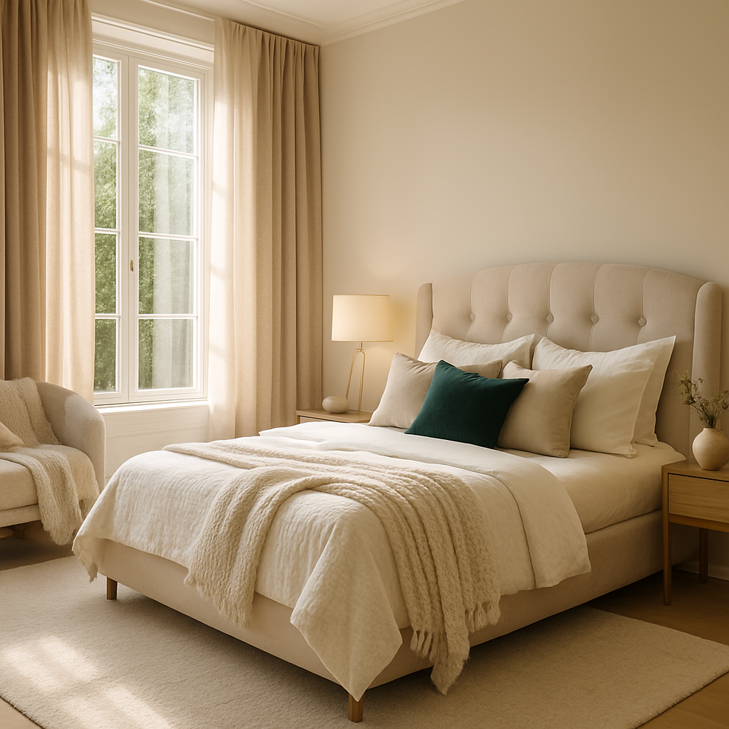 Ein elegantes Schlafzimmer mit beigen Vorhängen, einem gemütlichen Bett und einer warmen Atmosphäre.