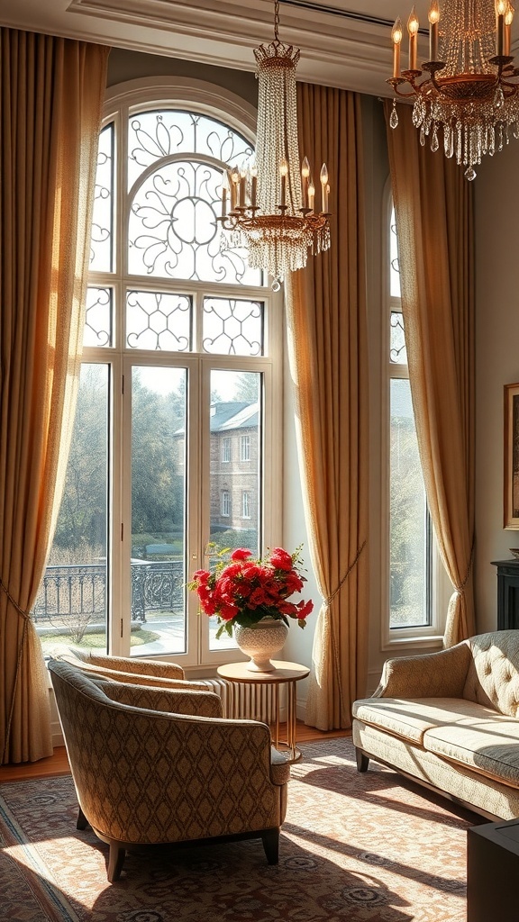 Elegante Fensterdekoration im Art Deco Stil mit goldenen Vorhängen und kunstvollen Fenstern