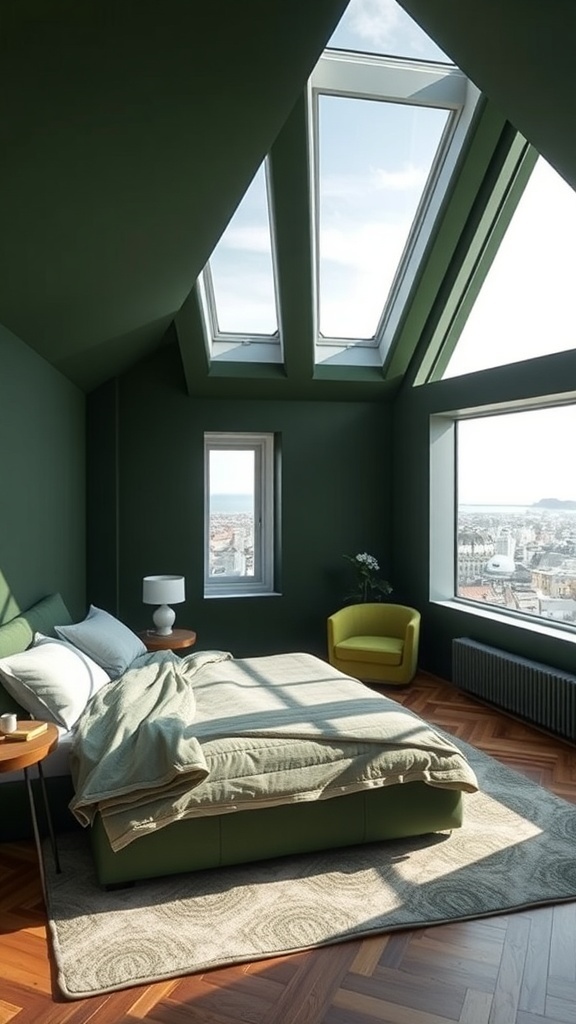 Dunkelgrünes Schlafzimmer mit großen Dachfenstern, die Licht und Schatten spielen lassen.