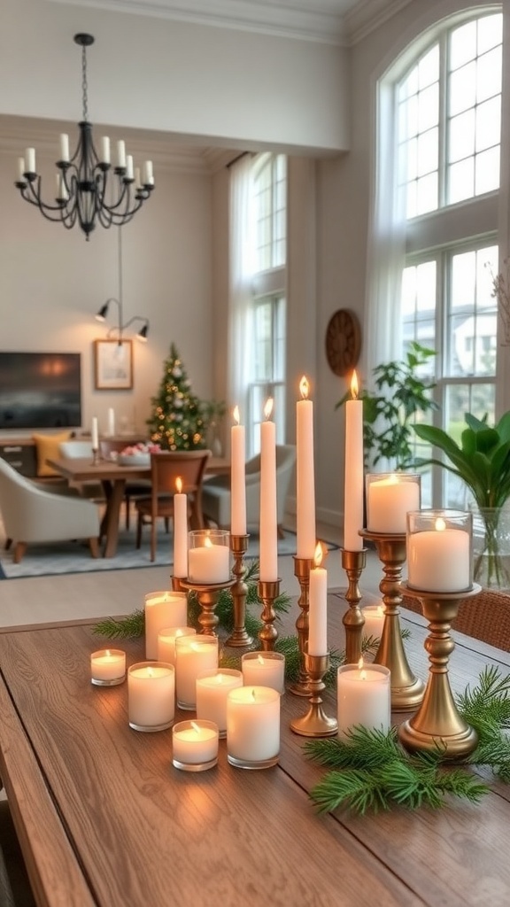 A festive candle arrangement on a wooden table with various candles and greenery.