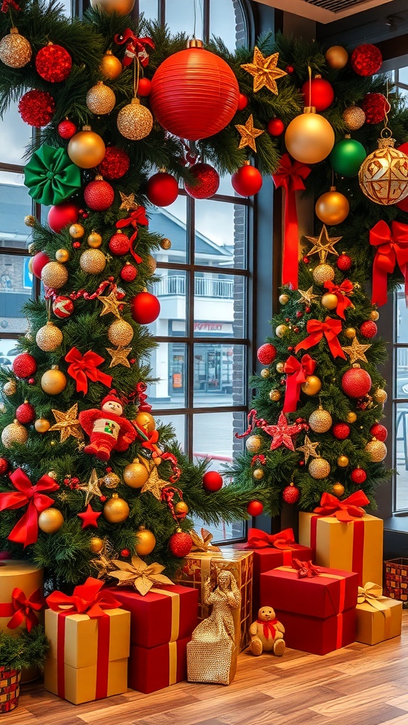 A festive holiday display featuring decorated Christmas trees with red and gold ornaments, surrounded by wrapped gifts.