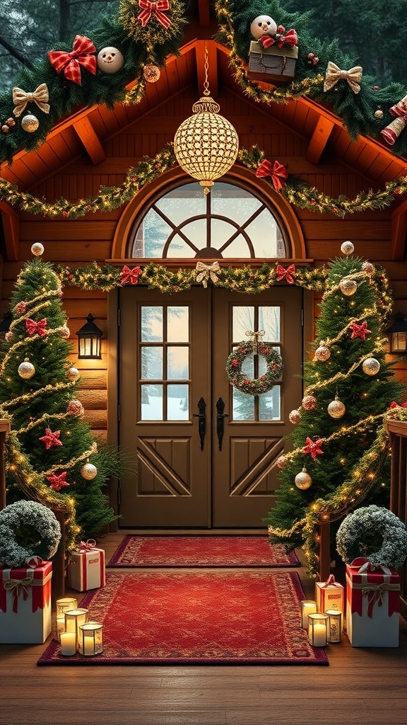 A festive cabin entrance decorated for the holidays with Christmas trees, wreaths, and lights.