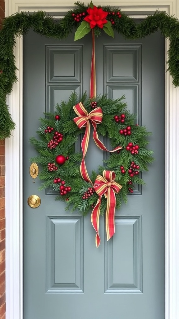 A festive holiday wreath with greenery, red berries, and a ribbon on a door.