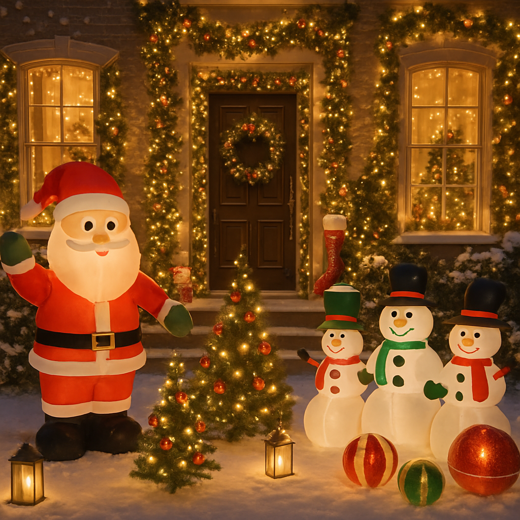A festive outdoor scene featuring a large inflatable Santa, three snowmen, a Christmas tree, and decorative lights.