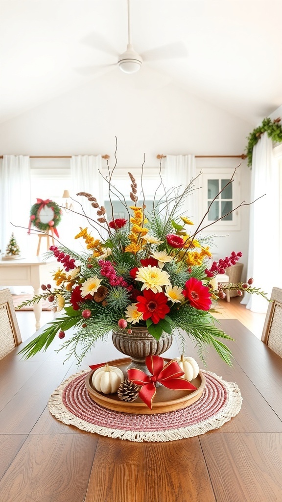 A vibrant floral centerpiece with red and yellow flowers, small pumpkins, and a decorative ribbon on a wooden table.