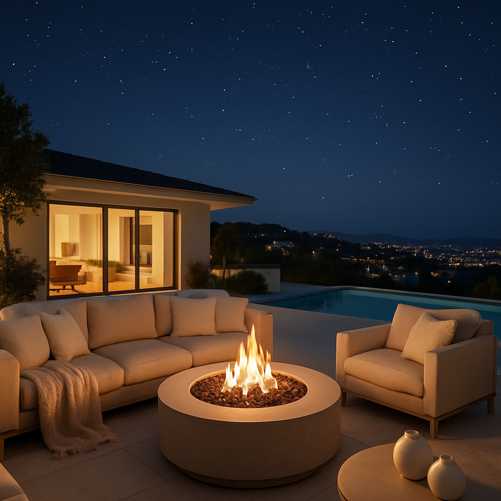 Moderne Feuerstelle auf einer Terrasse unter dem Sternenhimmel