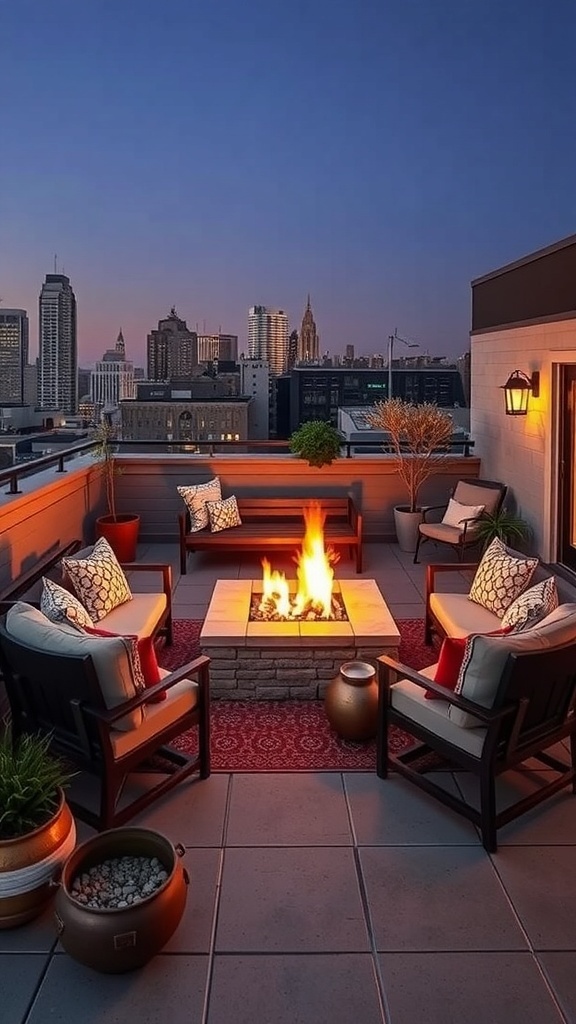 Gemütliche Dachterrasse mit Feuerstelle, Sitzgelegenheiten und Stadtblick bei Dämmerung