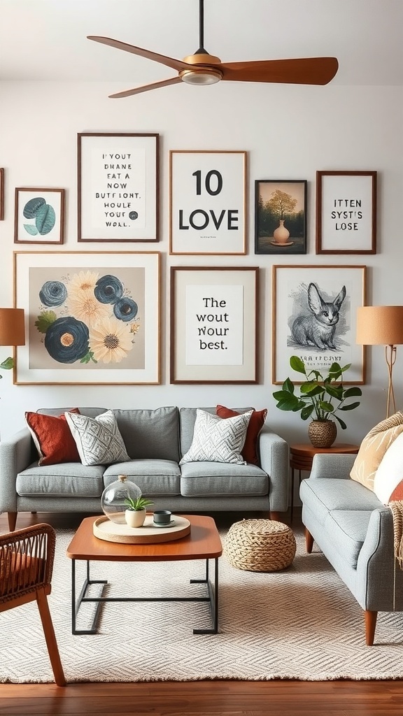 A cozy living room with a gallery wall of framed artwork, featuring floral prints and motivational quotes.
