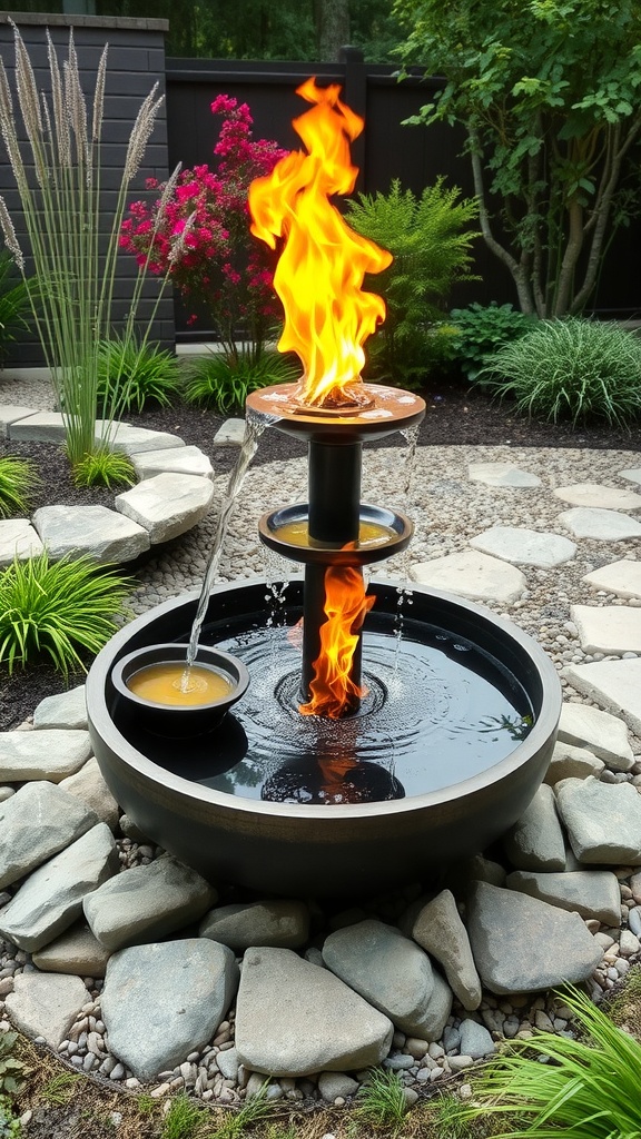 A modern garden fountain featuring flames and flowing water, surrounded by lush greenery and stones.