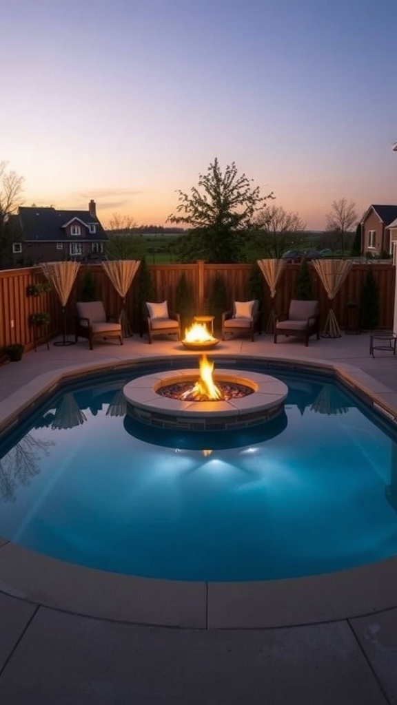A stunning backyard featuring a fire pit adjacent to a pool, with seating around the fire and a beautiful sunset backdrop.