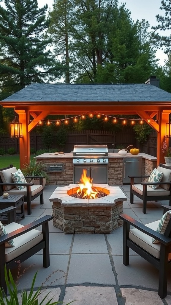 A cozy outdoor retreat featuring a stone fire pit, grill, and comfortable seating under string lights.