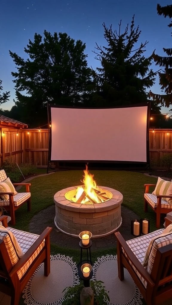 Cozy outdoor cinema setup with a fire pit, chairs, and a movie screen.
