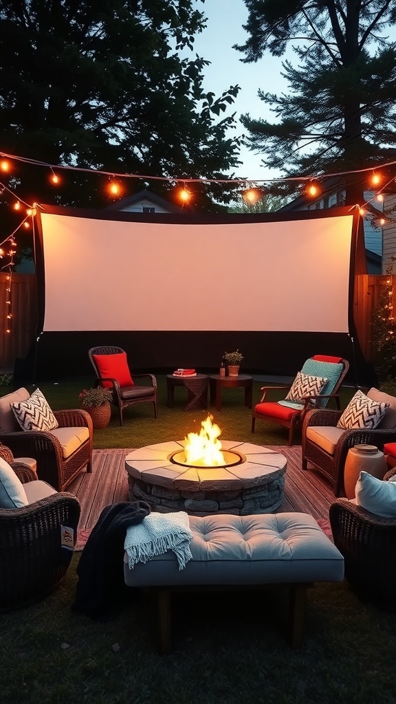 Cozy outdoor cinema setup with a fire pit, comfortable seating, and a large screen