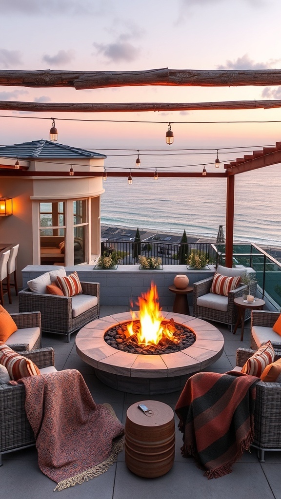 Gemütliche Dachterrasse mit Feuerstelle, Sesseln und Erdtönen