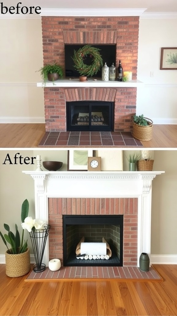 Before and after images of a fireplace makeover showing a transformation from a traditional brick design to a modern white mantle.