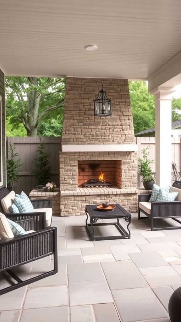 Cozy backyard patio featuring a stone fireplace, comfortable seating, and a warm atmosphere.