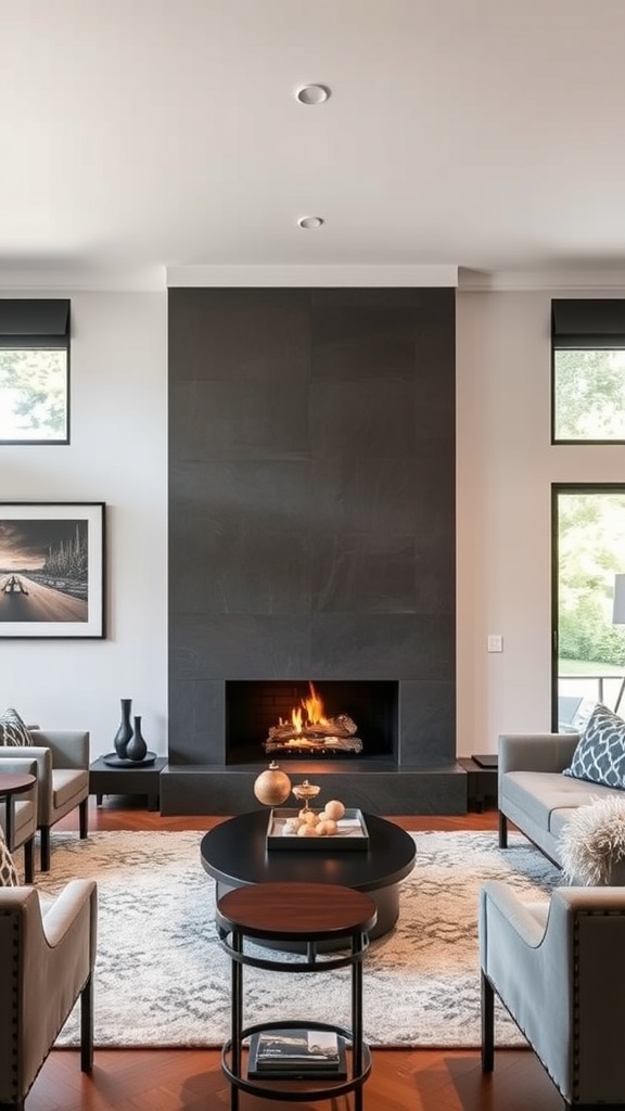 Cozy living room with a fireplace as the focal point, featuring comfortable seating and warm decor.