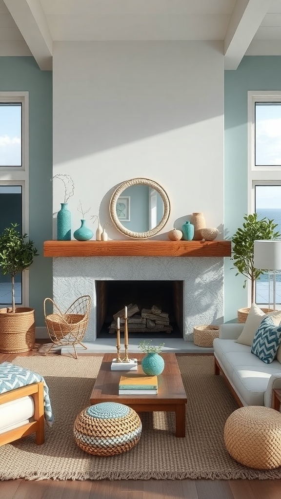 A cozy living room with a coastal-style fireplace, featuring natural materials and ocean-inspired decor.