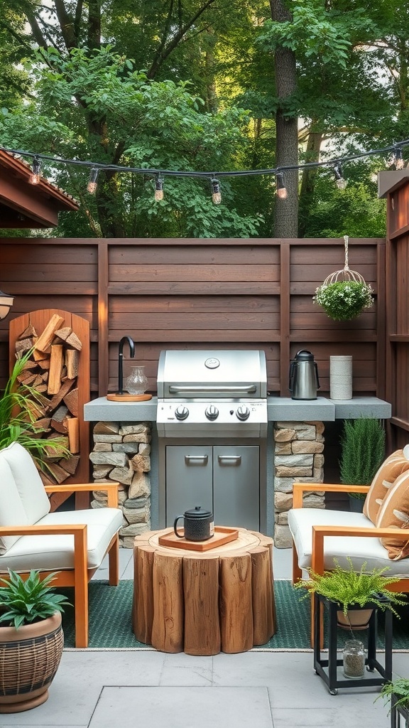 A cozy outdoor grill corner with neatly stacked firewood, modern grill, and comfortable seating.