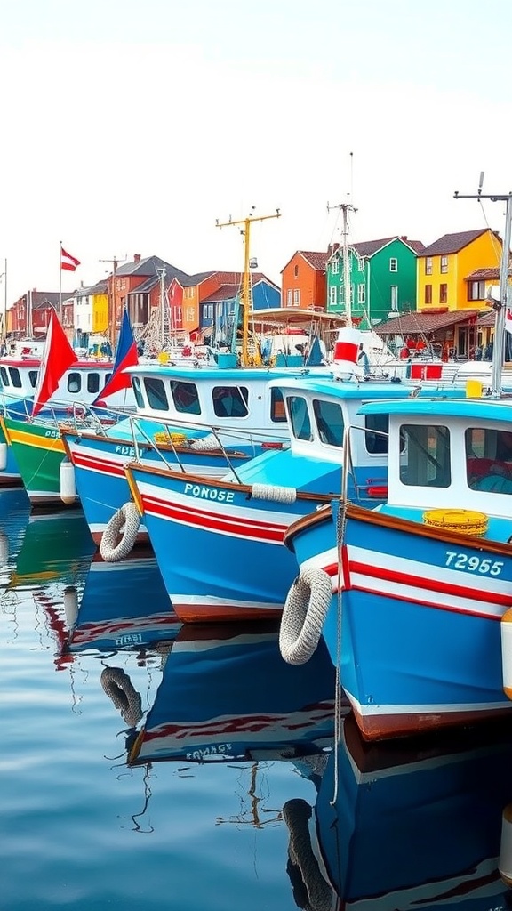 Colorful fishing boats docked at a harbor with reflections in the water.
