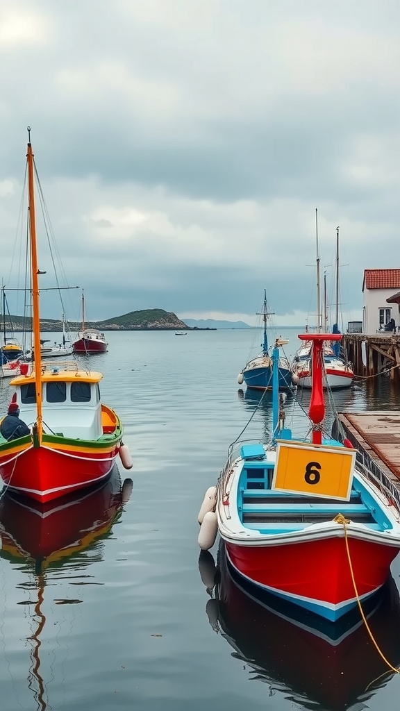 Colorful fishing boats docked in a calm harbor with a cloudy sky.