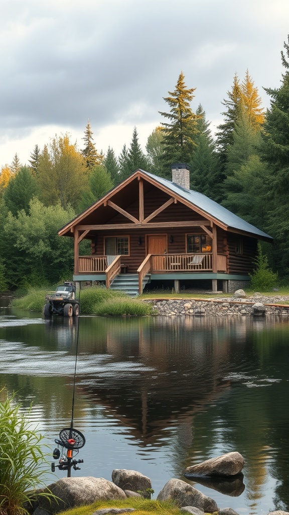 A cozy cabin by a lake with a fishing rod in the foreground, surrounded by trees.
