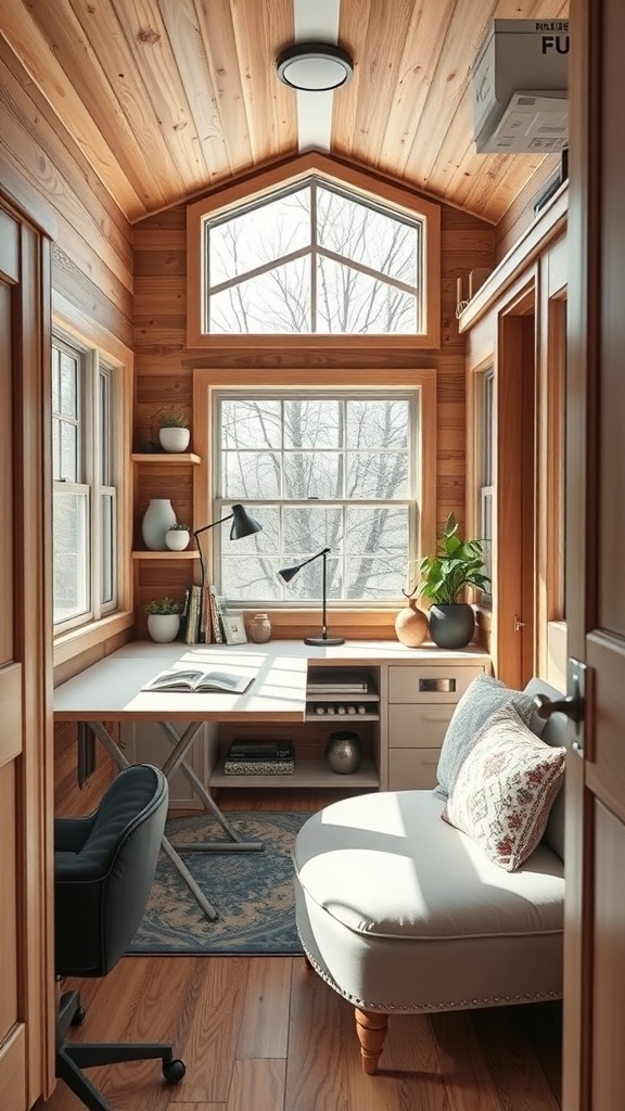 Ein flexibler Arbeitsplatz in einem Tiny House mit Holzverkleidung und großen Fenstern.