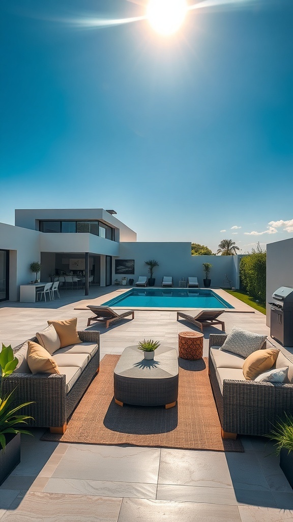 Moderne Terrasse mit Pool und flexiblen Möbeln