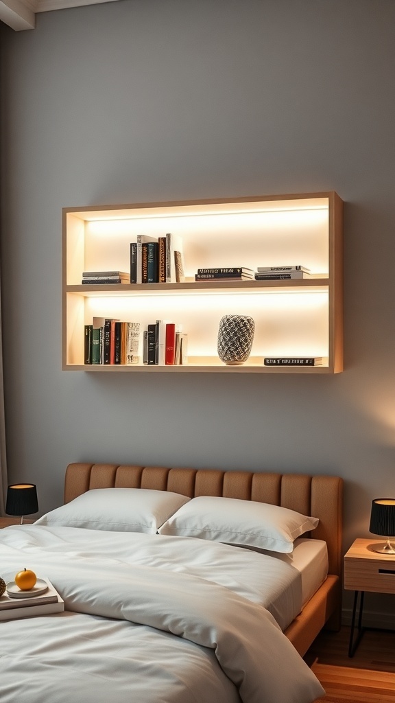 A modern floating bookshelf with LED lights, displaying books and a decorative vase above a bed.