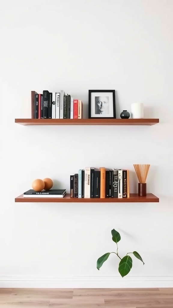 Two floating bookshelves on a white wall with books, a framed photo, and decorative items.