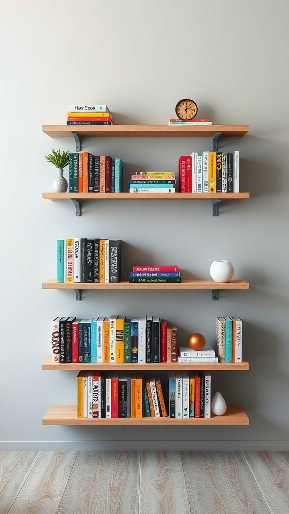 Floating bookshelves with books and decorative items on a wall