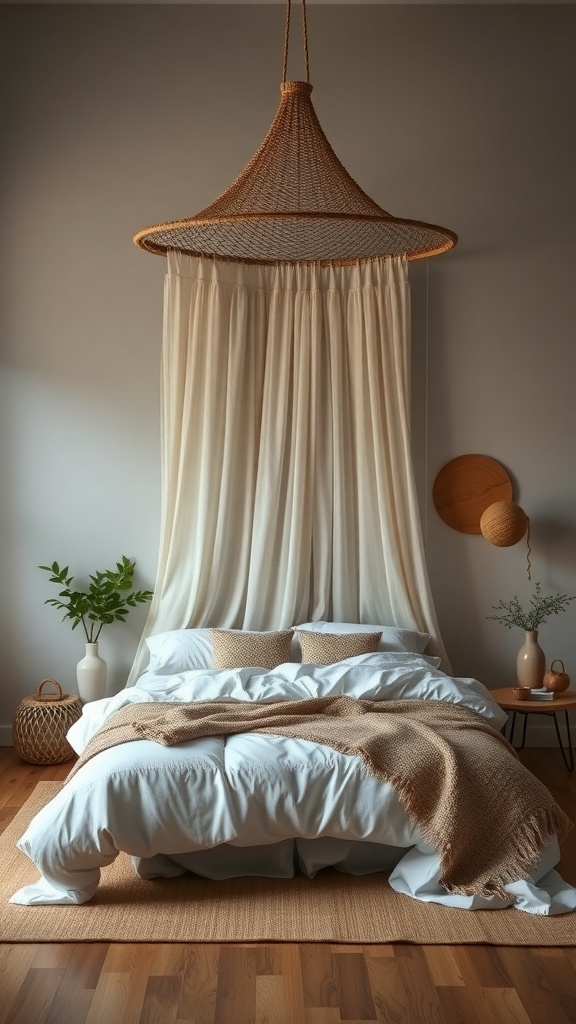 A cozy bedroom featuring a floating canopy made of soft fabric, creating a serene and relaxed atmosphere.