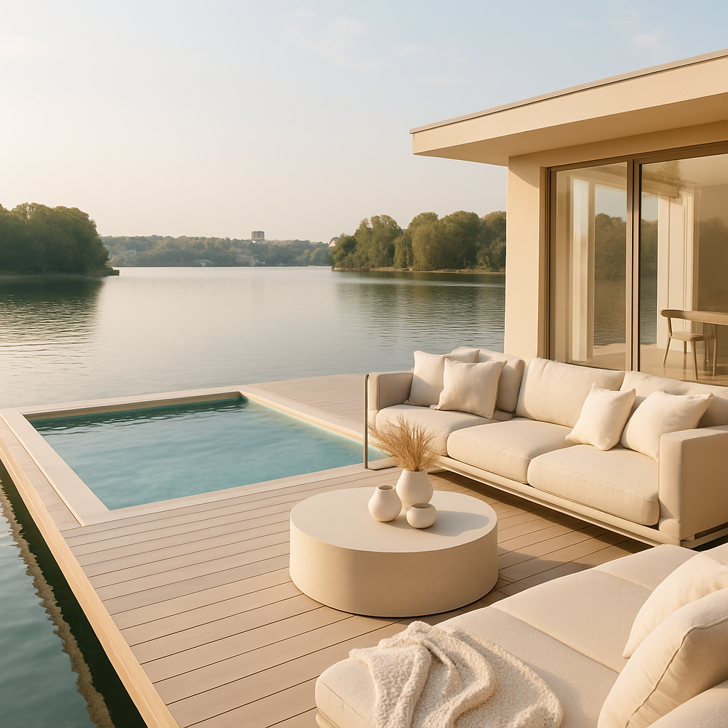 Ein moderner Floating Deck Pool mit einer gemütlichen Couch und Blick auf das Wasser