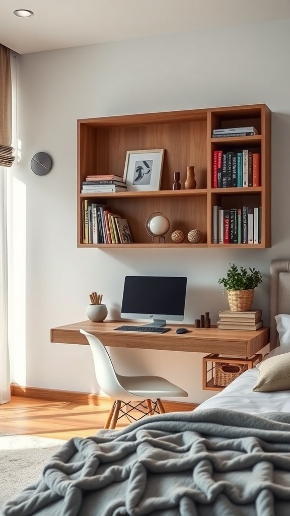 A modern floating desk with integrated bookshelves in a cozy bedroom setting.