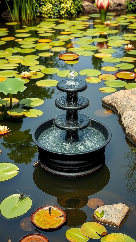 A floating fountain in a pond surrounded by lily pads and flowers.