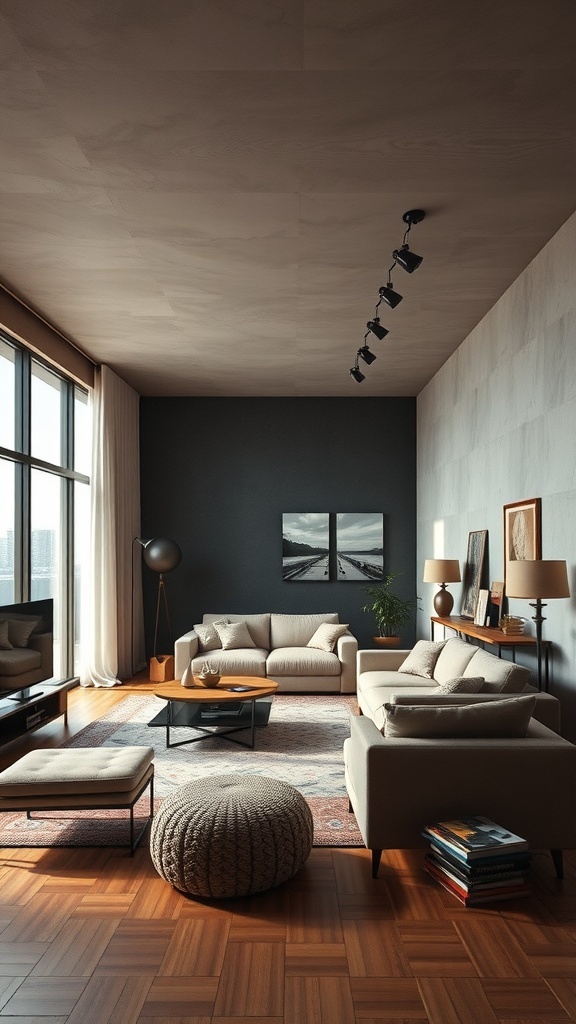 A modern living room featuring floating furniture illusion with light-colored sofas, a round pouf, and a dark wall.