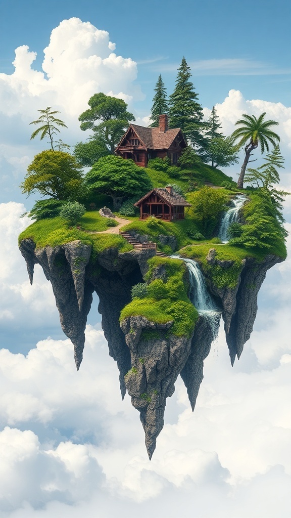A picturesque floating island with a cozy cabin, surrounded by trees and waterfalls.