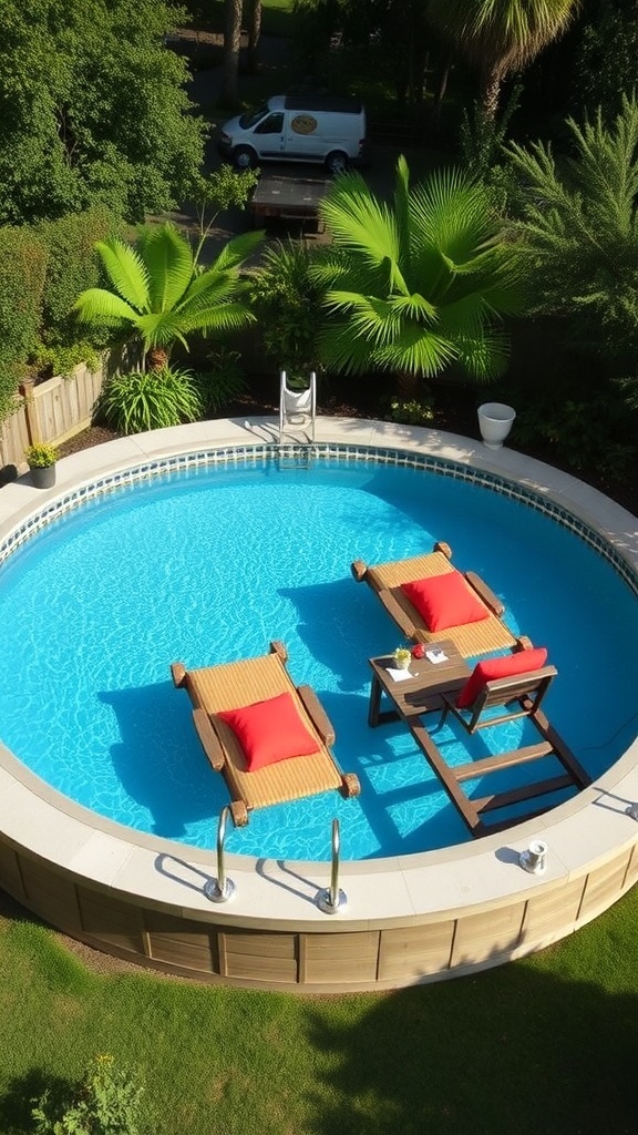 Two floating lounge chairs in a sunken above ground pool surrounded by greenery