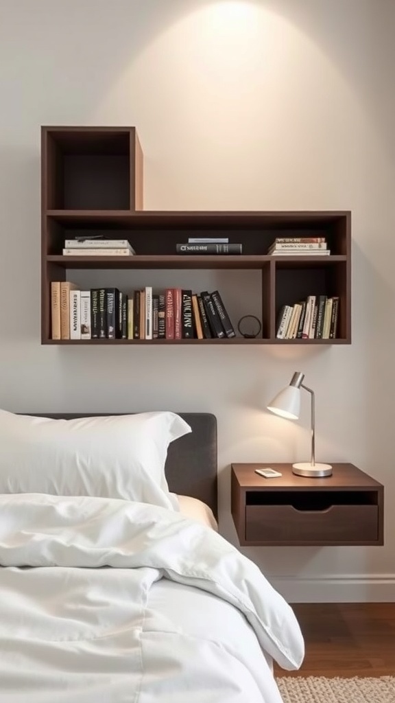 A modern floating nightstand with an integrated bookshelf above it, featuring books and a lamp.