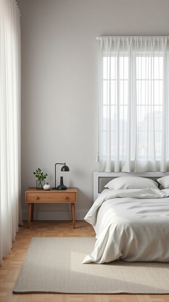 A cozy bedroom with a floating nightstand, a lamp, and a small plant.