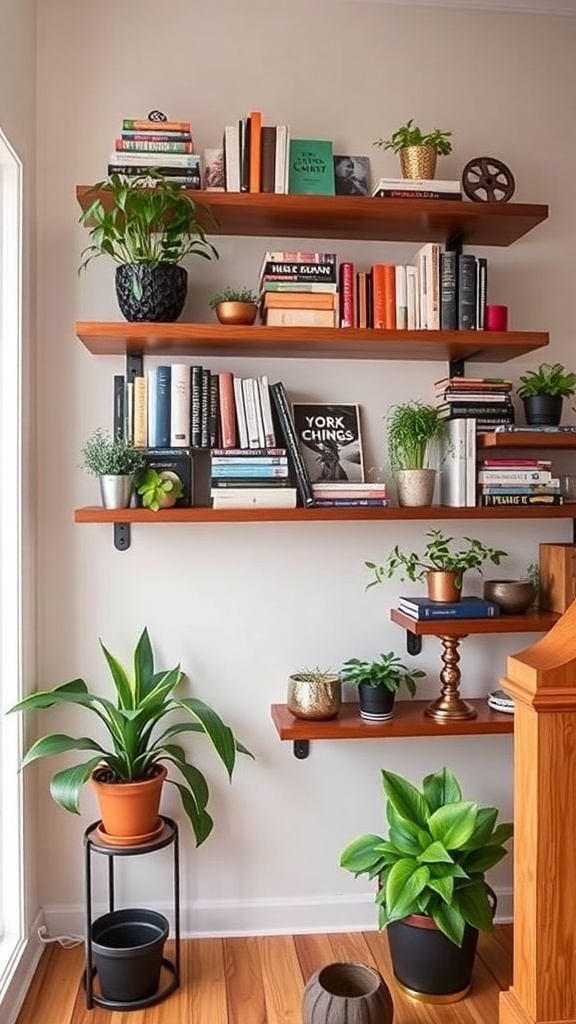 Floating shelves with books and plants alongside a staircase