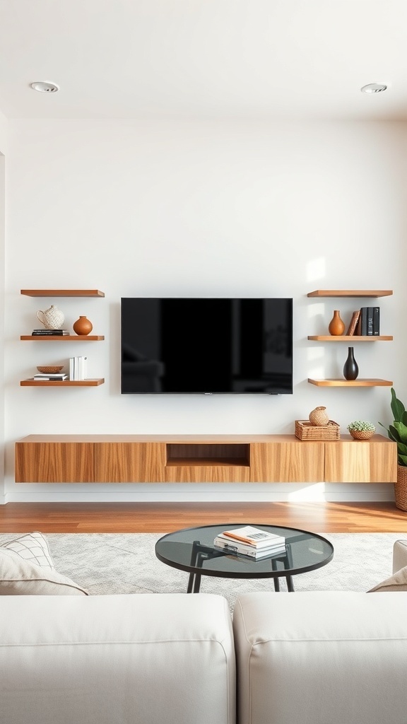 Modern living room with a wall-mounted TV and floating wooden shelves