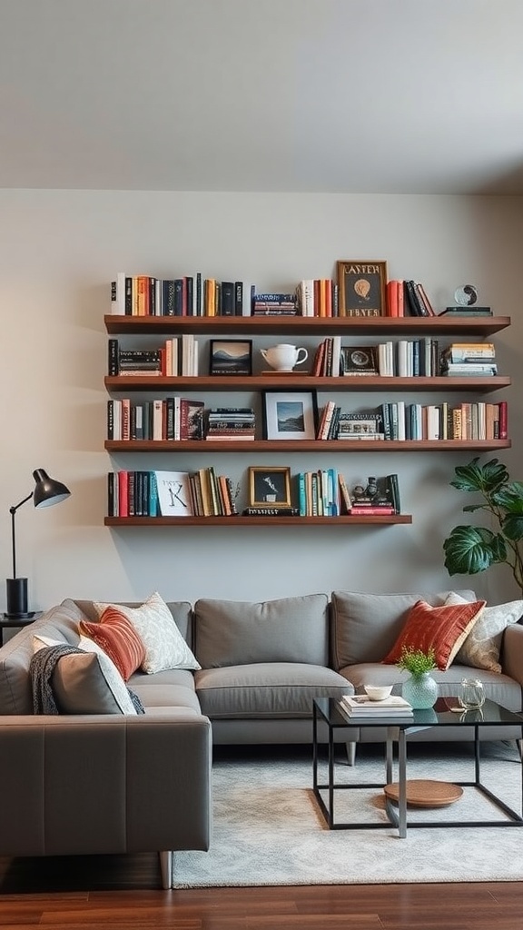 A modern living room featuring floating shelves with books and decorative items.