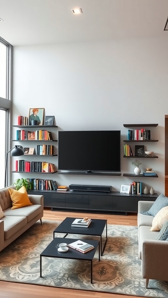 A modern living room featuring floating shelves with colorful books, a TV, and stylish furniture.