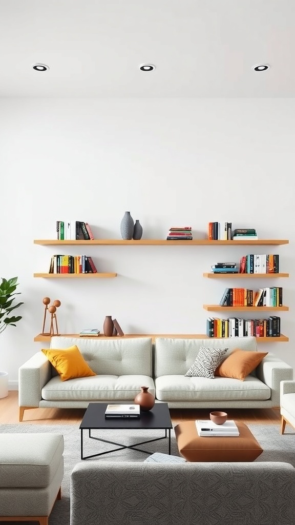 A modern living room featuring floating shelves displaying books and decorative items.